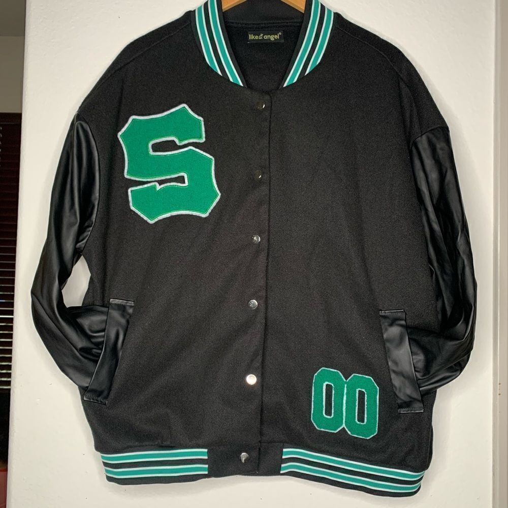 Black Varsity Jacket with Green Accents